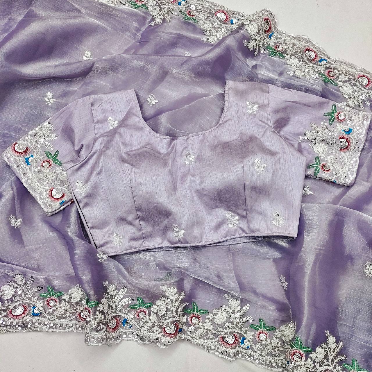 Party Wear Royal Blue Heavy Organza Silk Multi Thread Cut Work Saree Blouse For Function Wear