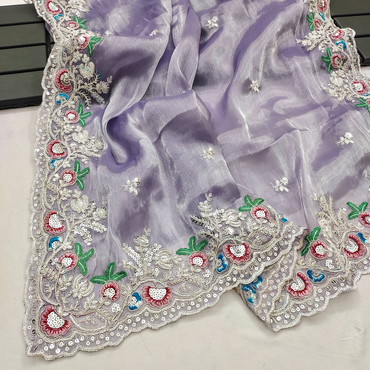 Purple Soft Berberry jummy Chhu Fabric Fancy Cut Work Border Saree