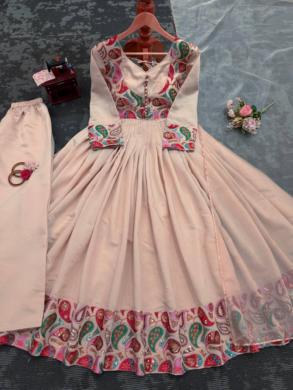 Designer Peach Colour Roman Silk Fabric Thread Work Anarkali Suit With Dupatta