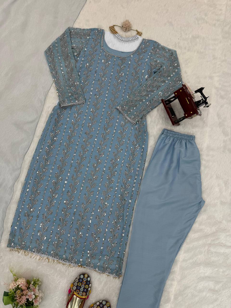 Amazing Gray Colour Georgette Fabric Sequence Work With Fancy Lace Suit