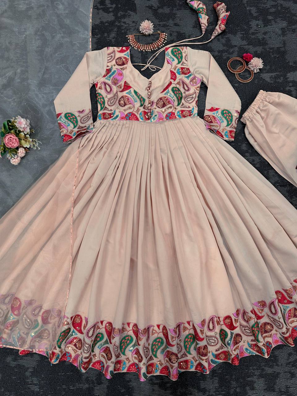 Designer Peach Colour Roman Silk Fabric Thread Work Anarkali Suit With Dupatta