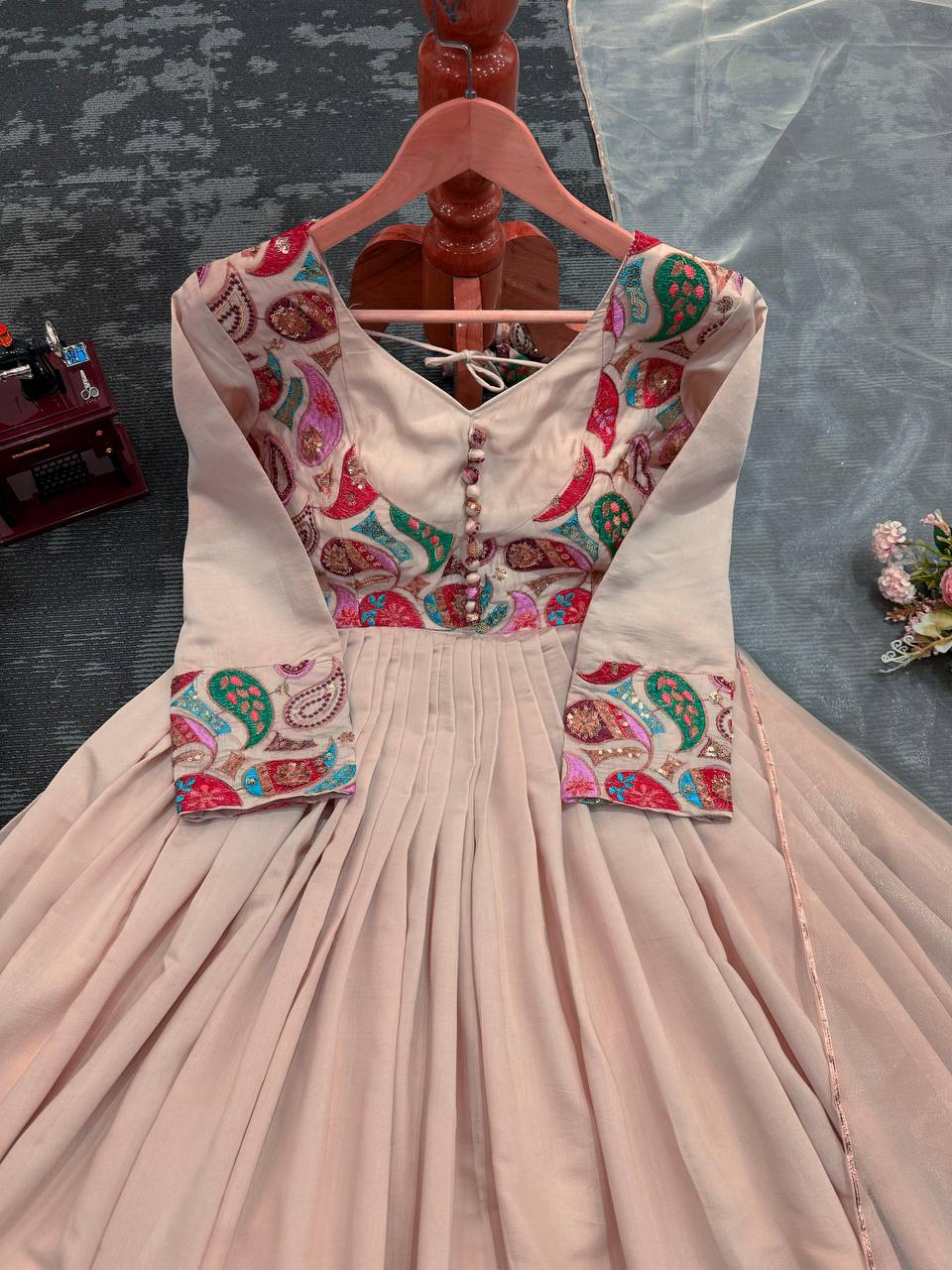 Designer Peach Colour Roman Silk Fabric Thread Work Anarkali Suit With Dupatta