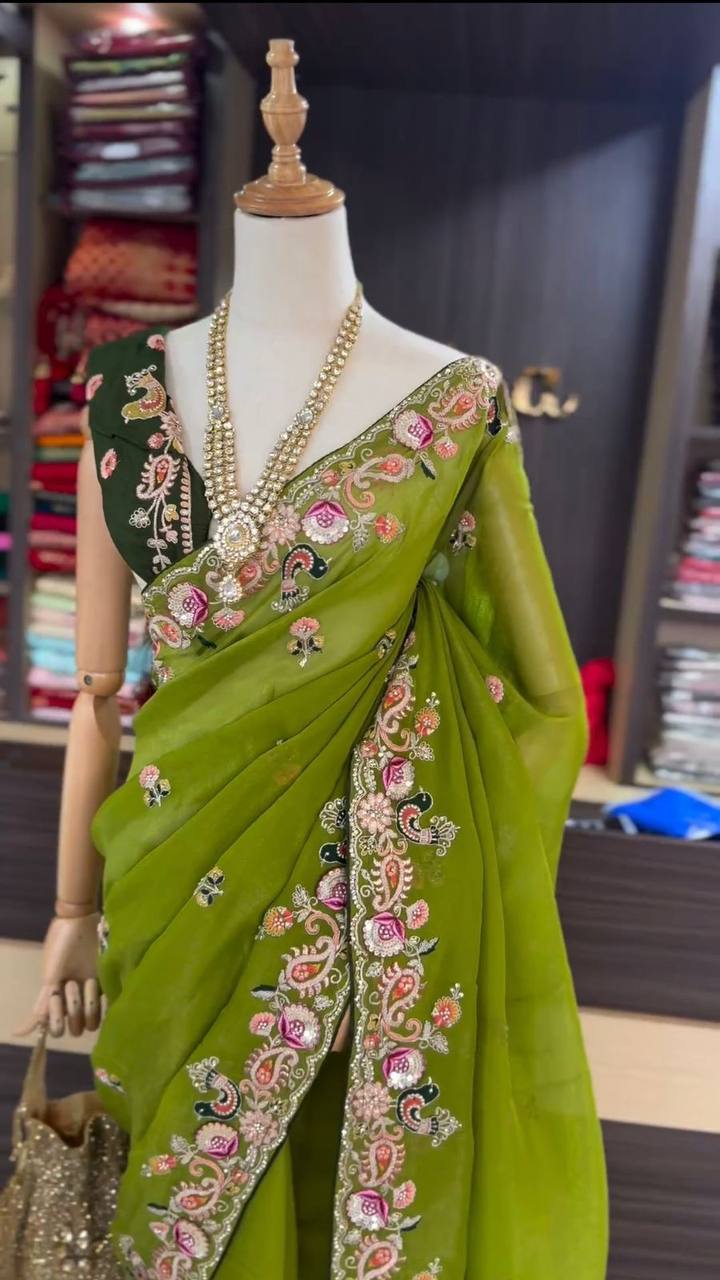 Designer Green Colour Jimmy Chhu Silk Sequences Work Saree