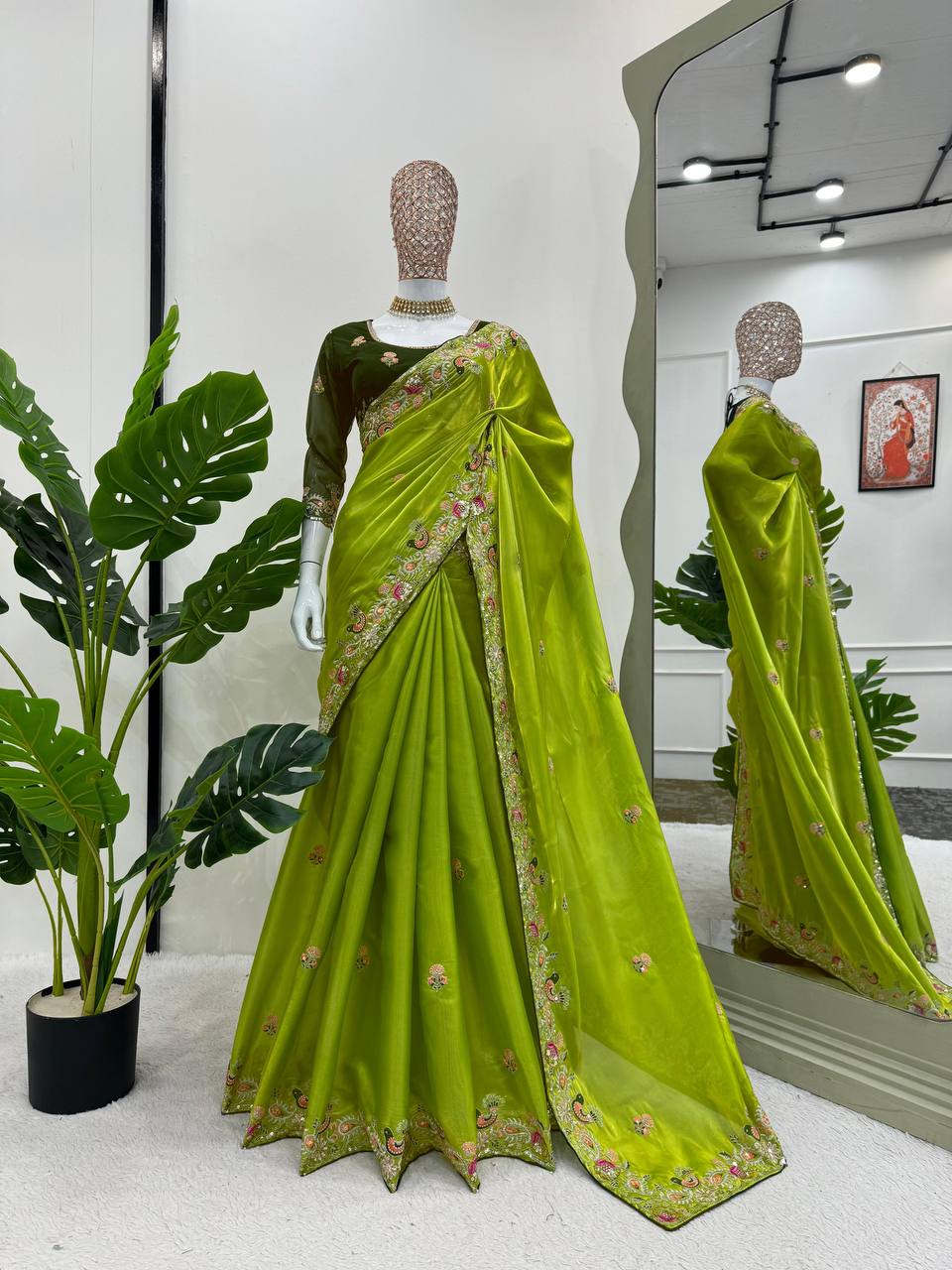Designer Green Colour Jimmy Chhu Silk Sequences Work Saree