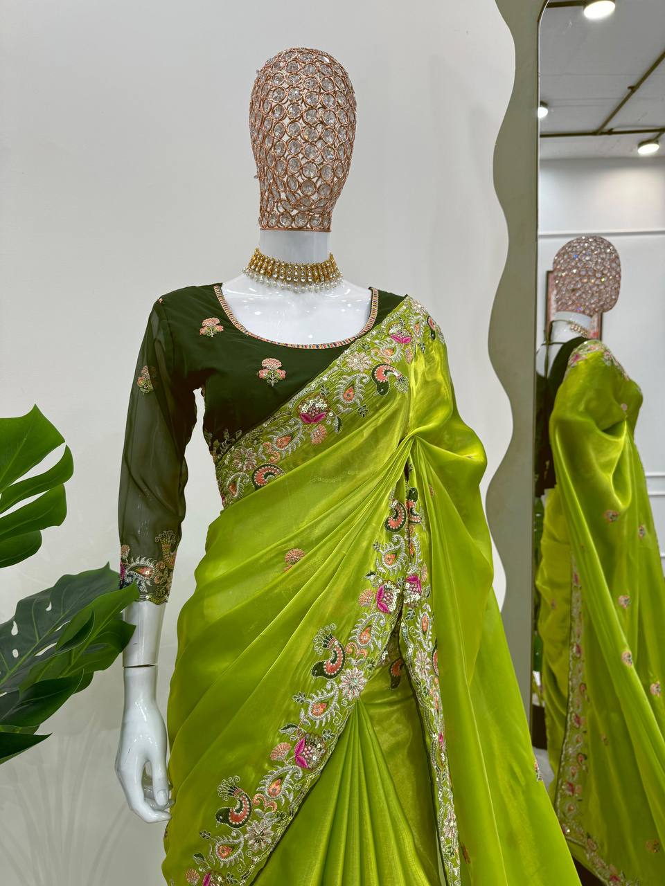 Designer Green Colour Jimmy Chhu Silk Sequences Work Saree