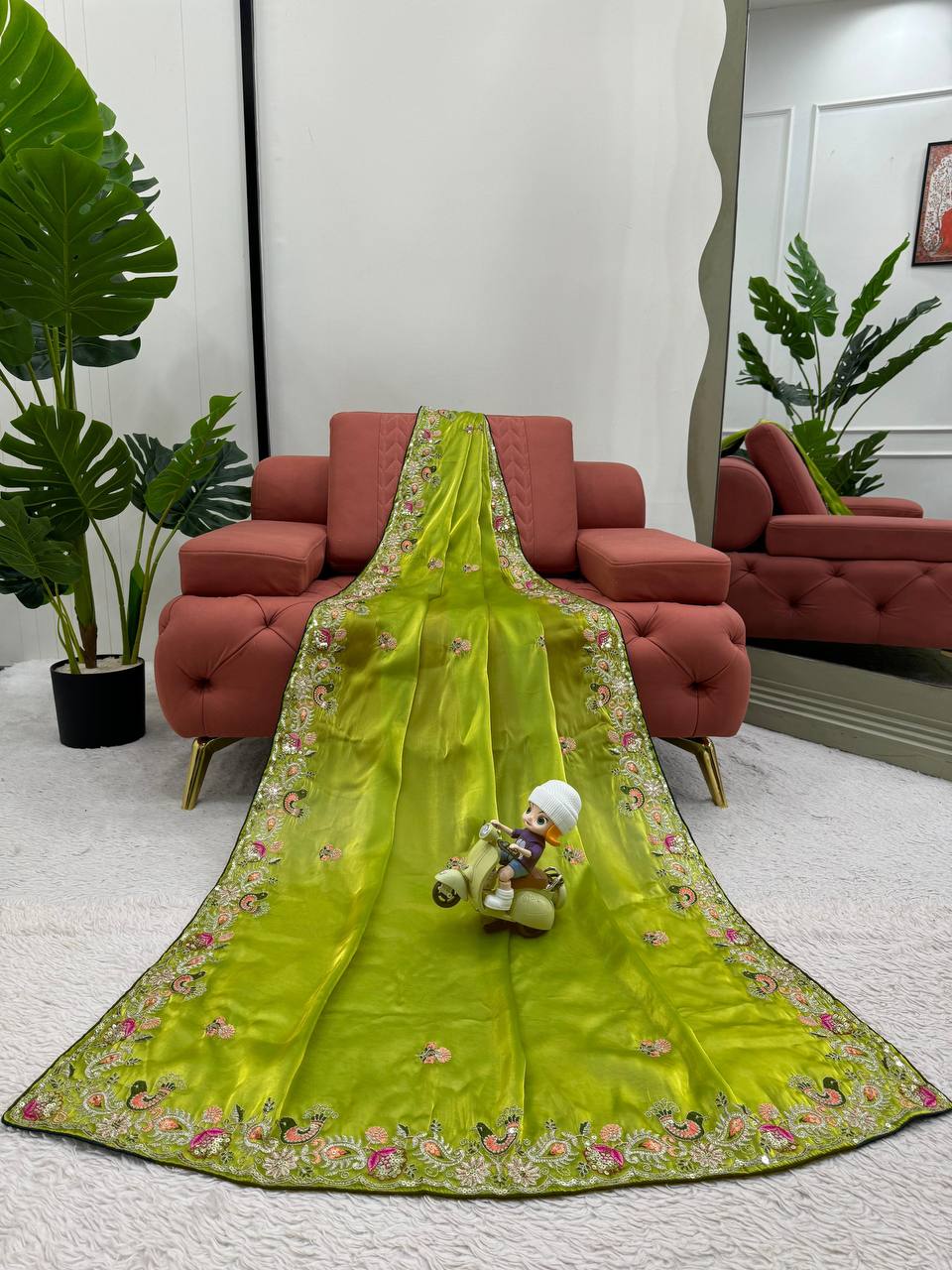 Designer Green Colour Jimmy Chhu Silk Sequences Work Saree