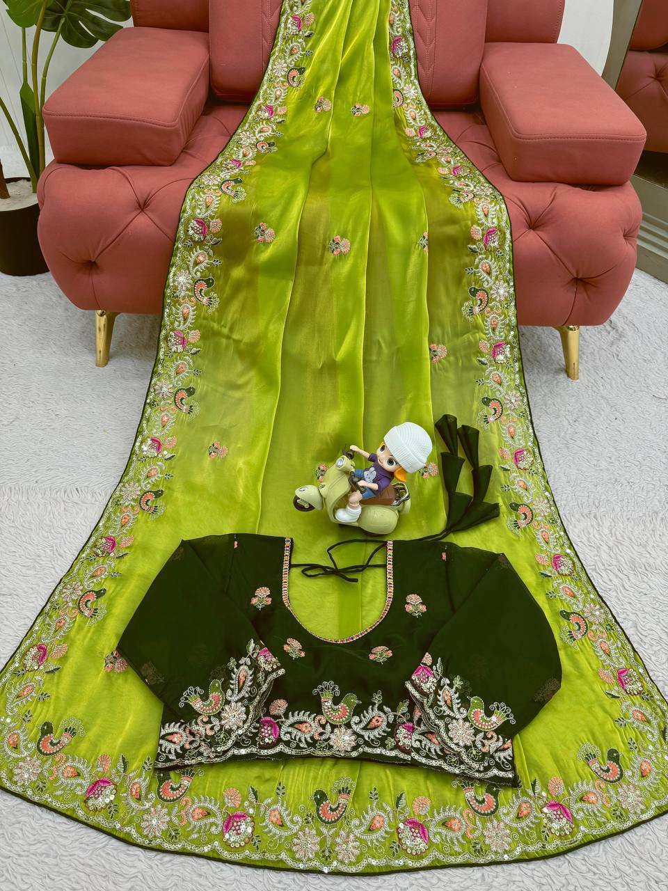 Designer Green Colour Jimmy Chhu Silk Sequences Work Saree