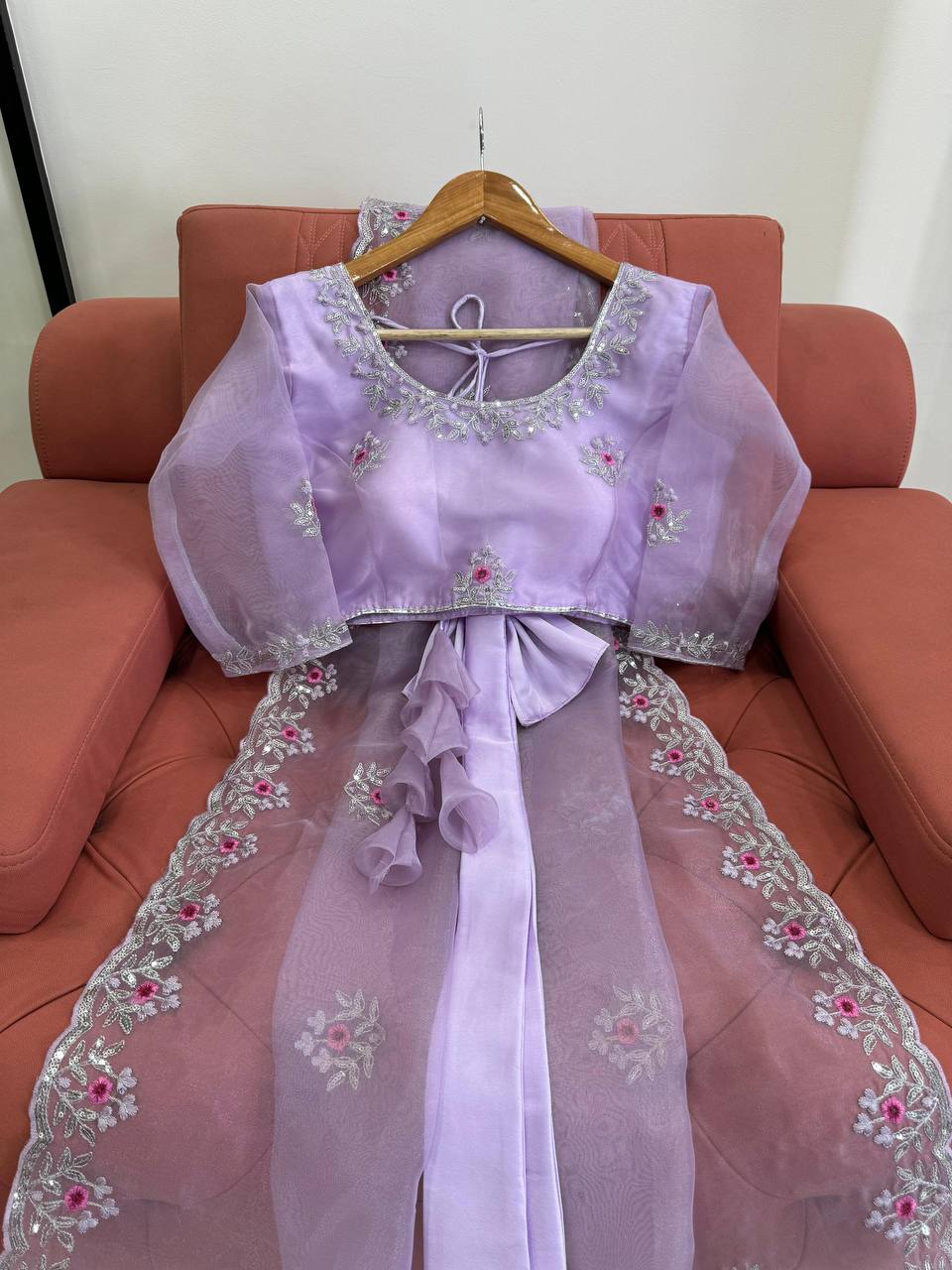 Attractive Purple Colour Organza Silk Thread Work Saree With Fully Stitched Blouse