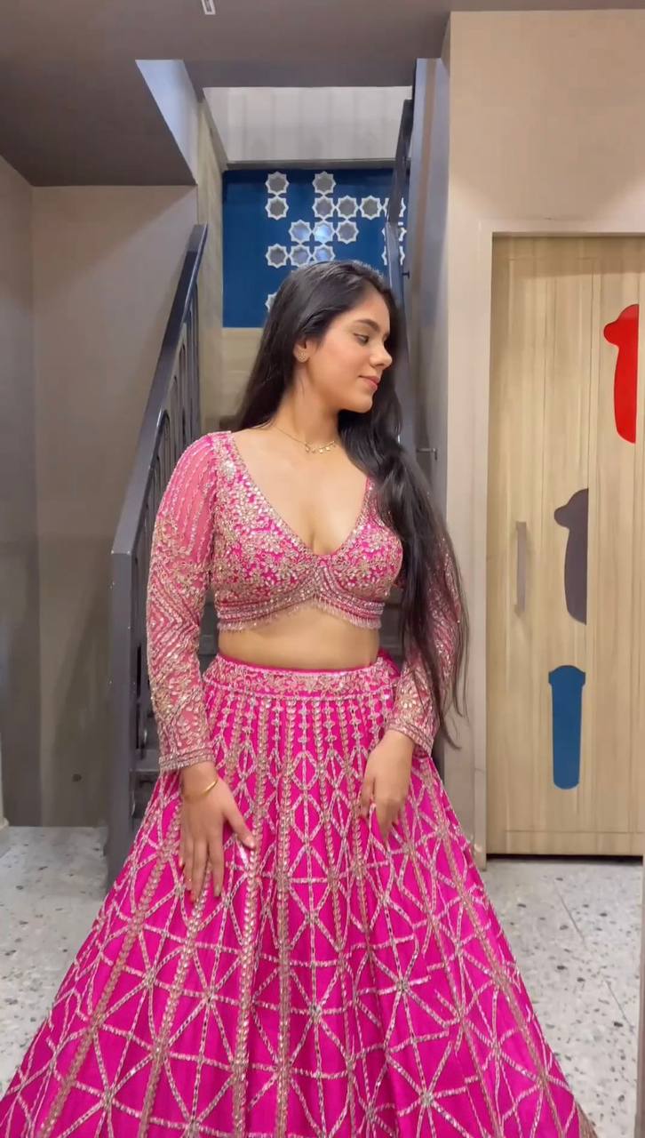 Attractive Pink Colour Georgette Fabric Thread Work Long Flair Lehenga Choli