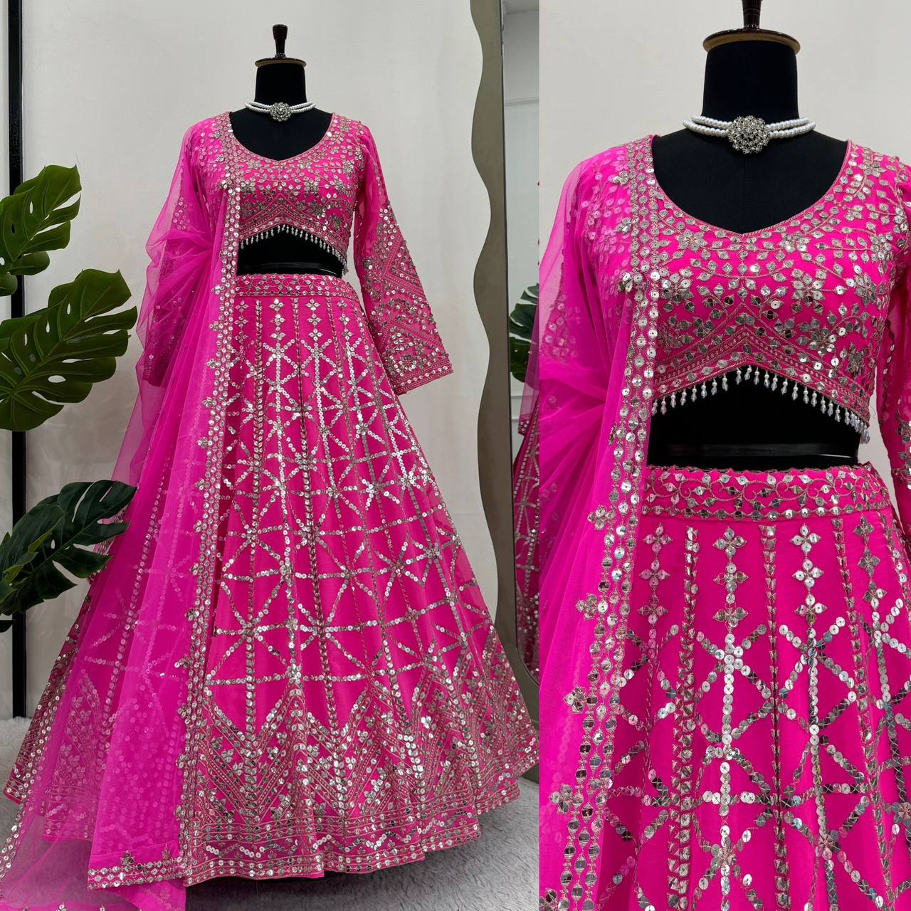 Attractive Pink Colour Georgette Fabric Thread Work Long Flair Lehenga Choli