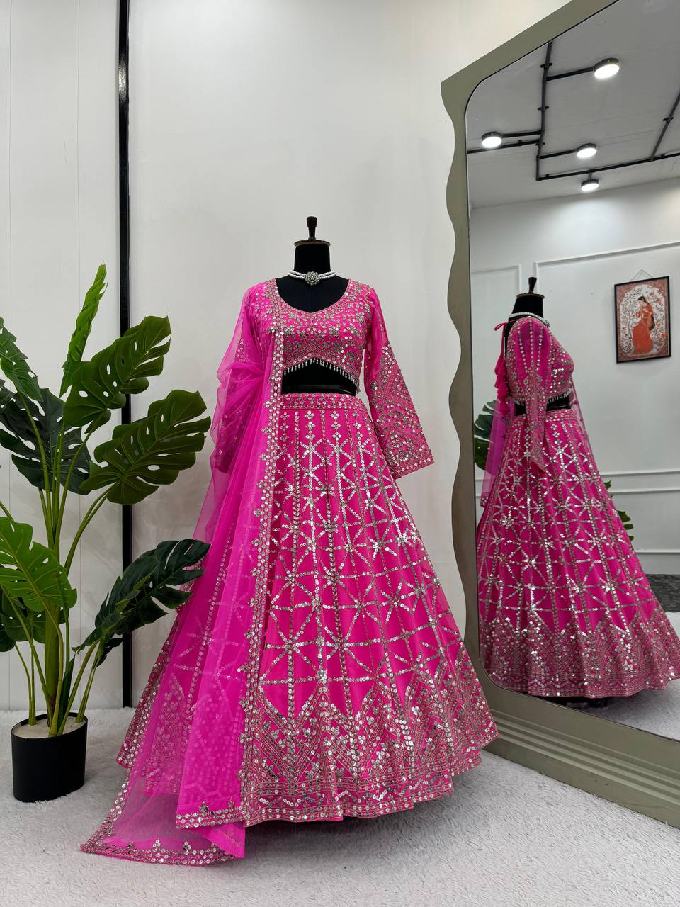Attractive Pink Colour Georgette Fabric Thread Work Long Flair Lehenga Choli