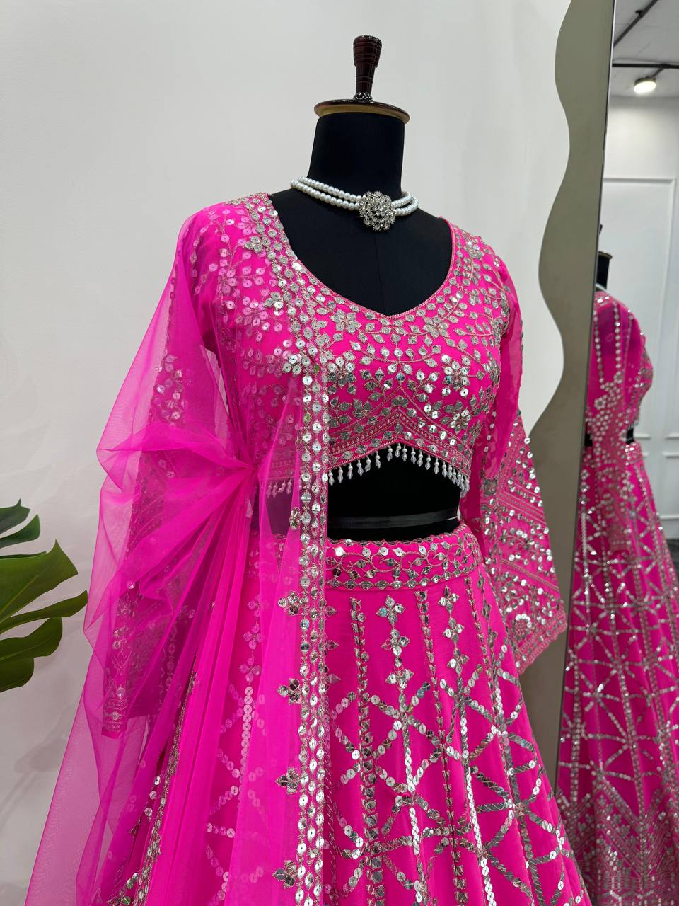Attractive Pink Colour Georgette Fabric Thread Work Long Flair Lehenga Choli