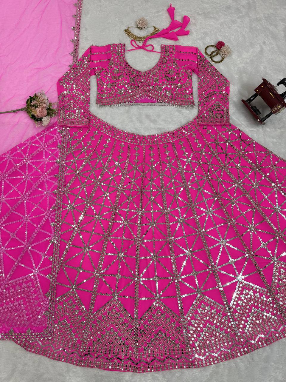 Attractive Pink Colour Georgette Fabric Thread Work Long Flair Lehenga Choli