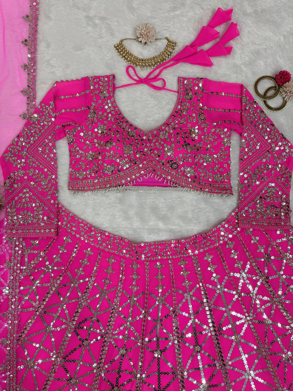 Attractive Pink Colour Georgette Fabric Thread Work Long Flair Lehenga Choli