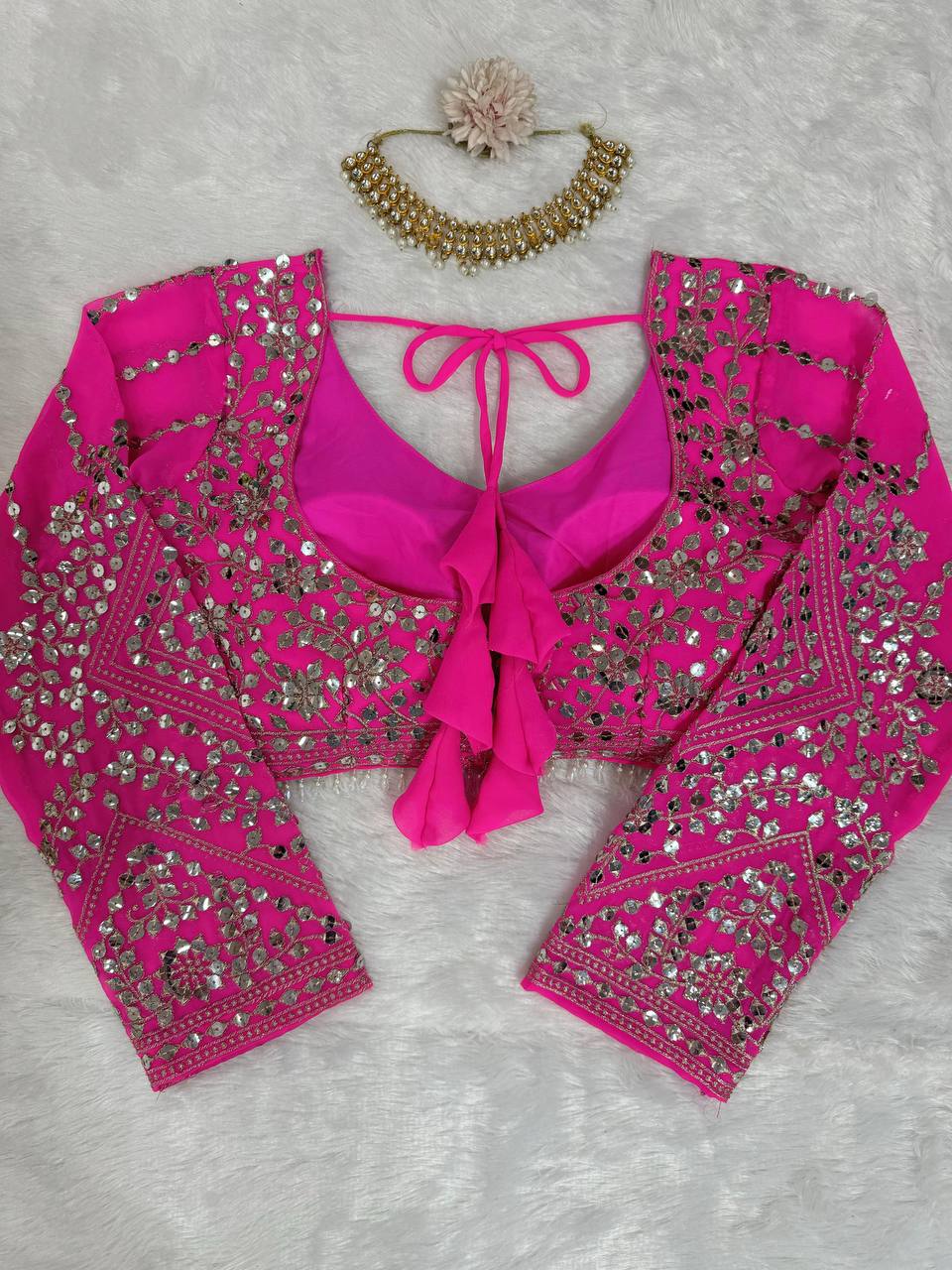 Attractive Pink Colour Georgette Fabric Thread Work Long Flair Lehenga Choli