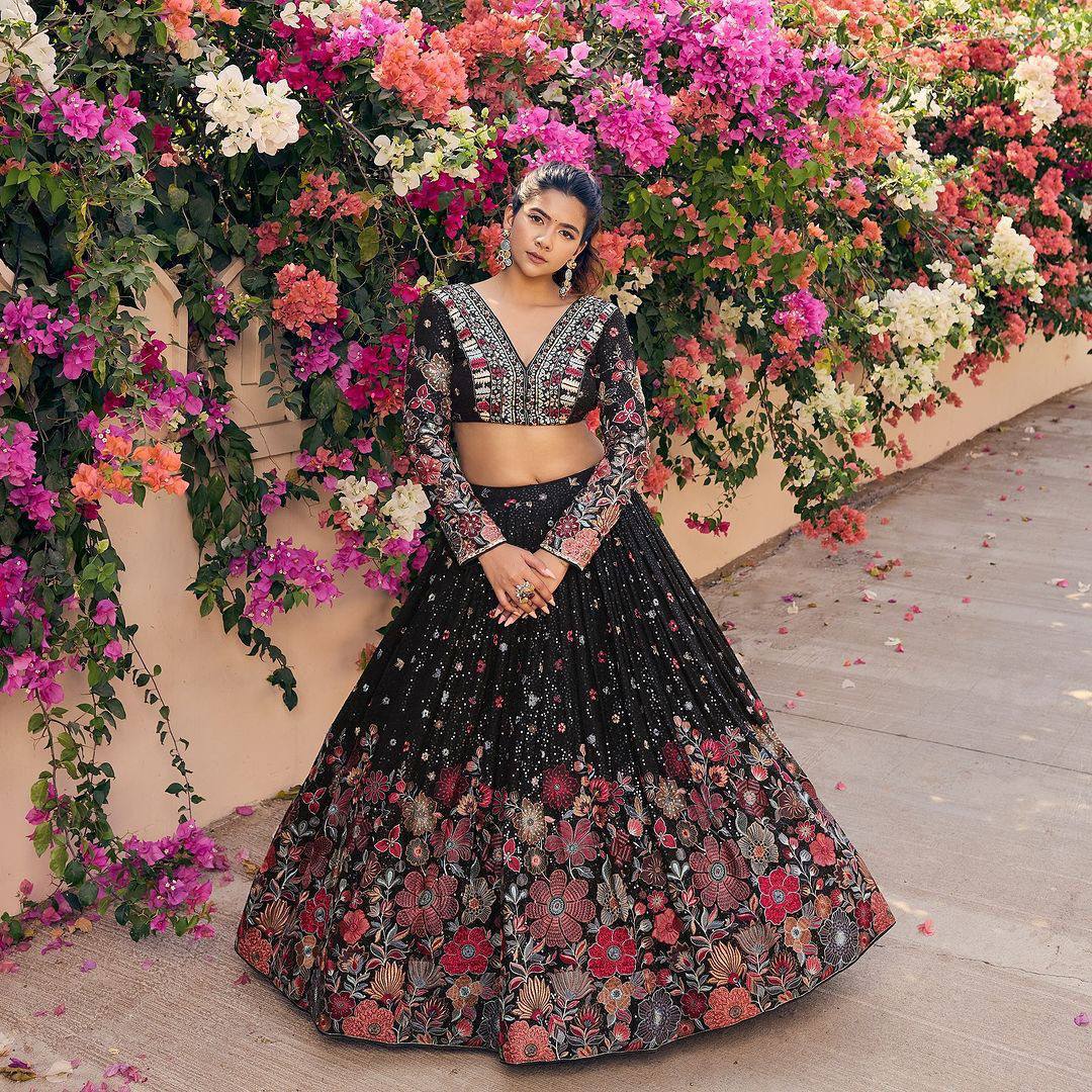 Gorgeous Black Colour Georgette Fabric Thread Work Wedding Wear Lehenga Choli