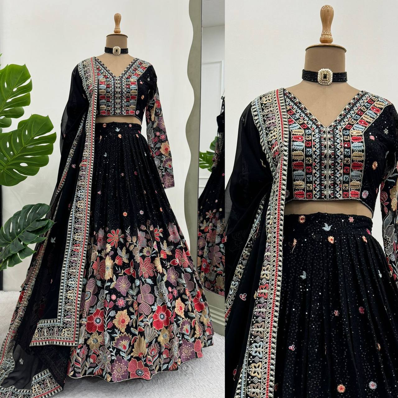Gorgeous Black Colour Georgette Fabric Thread Work Wedding Wear Lehenga Choli