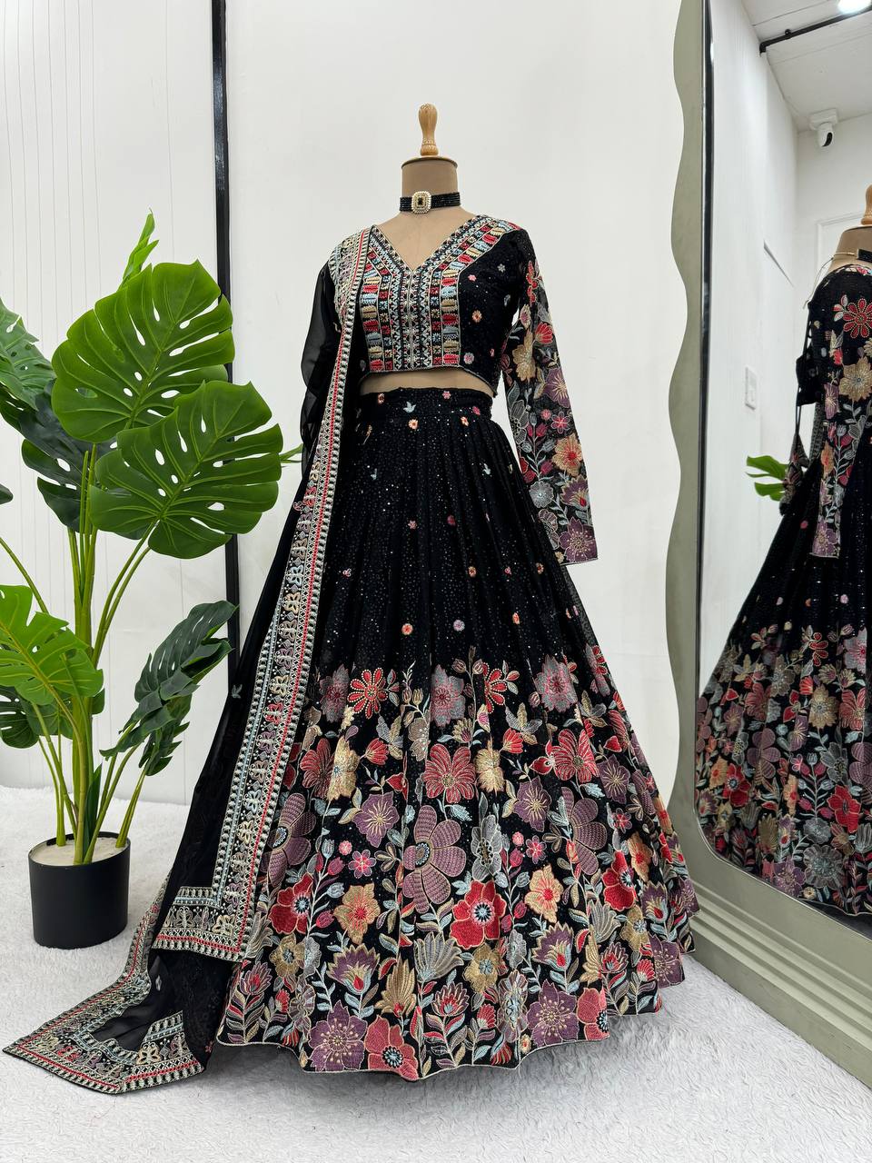 Gorgeous Black Colour Georgette Fabric Thread Work Wedding Wear Lehenga Choli