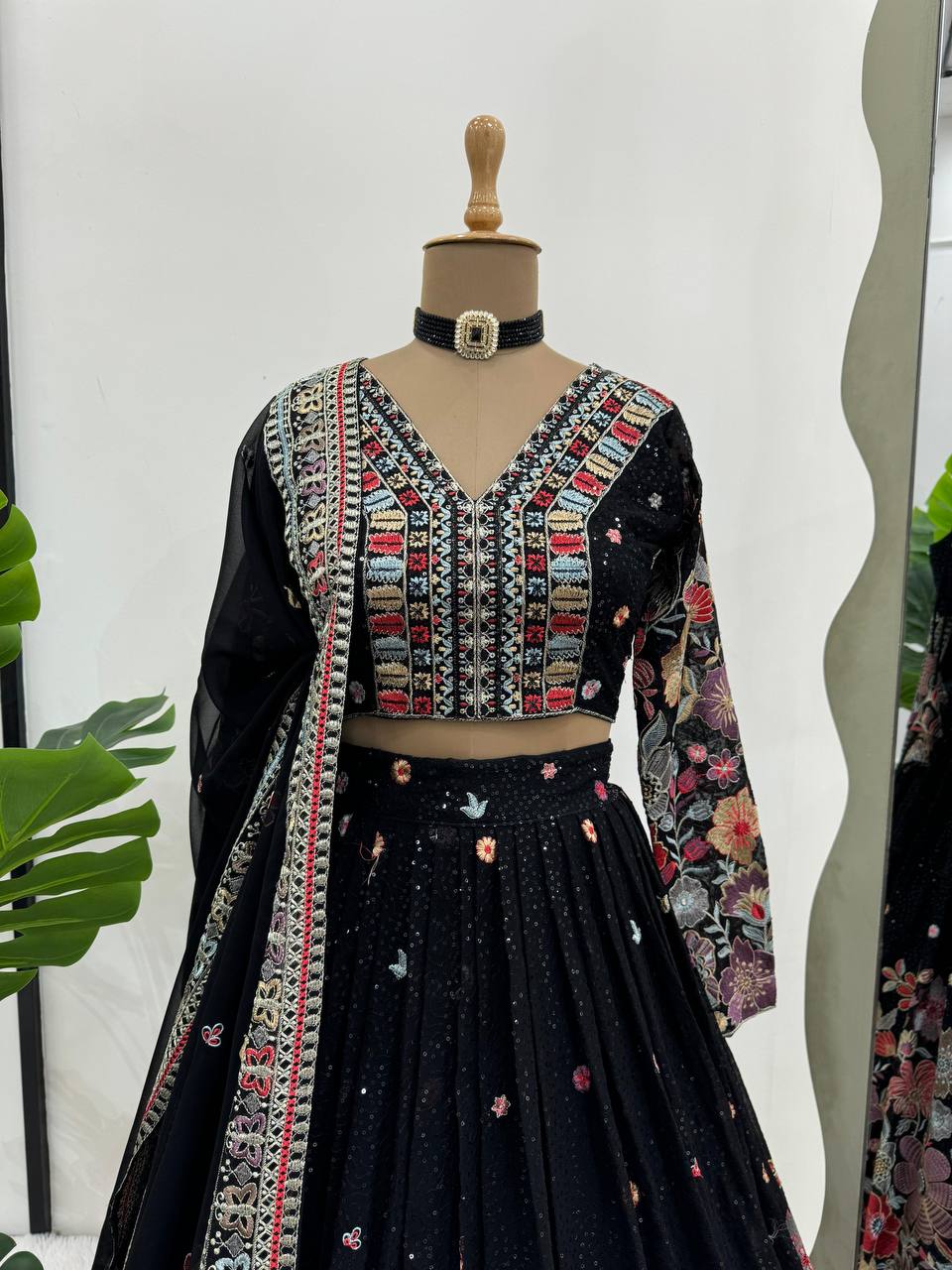 Gorgeous Black Colour Georgette Fabric Thread Work Wedding Wear Lehenga Choli