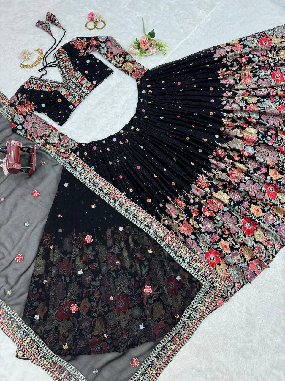 Gorgeous Black Colour Georgette Fabric Thread Work Wedding Wear Lehenga Choli