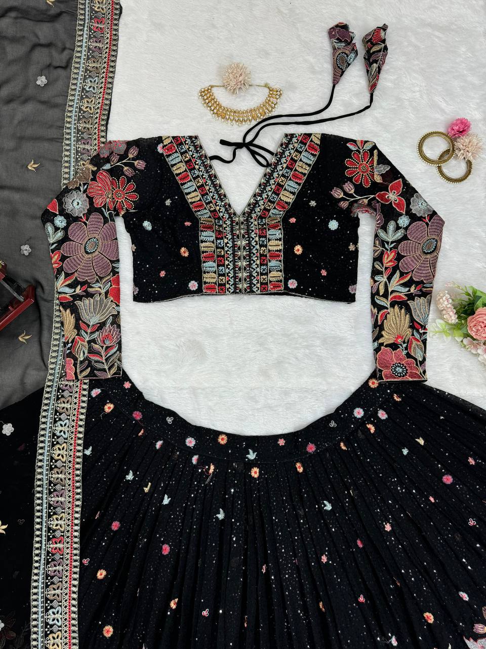 Gorgeous Black Colour Georgette Fabric Thread Work Wedding Wear Lehenga Choli