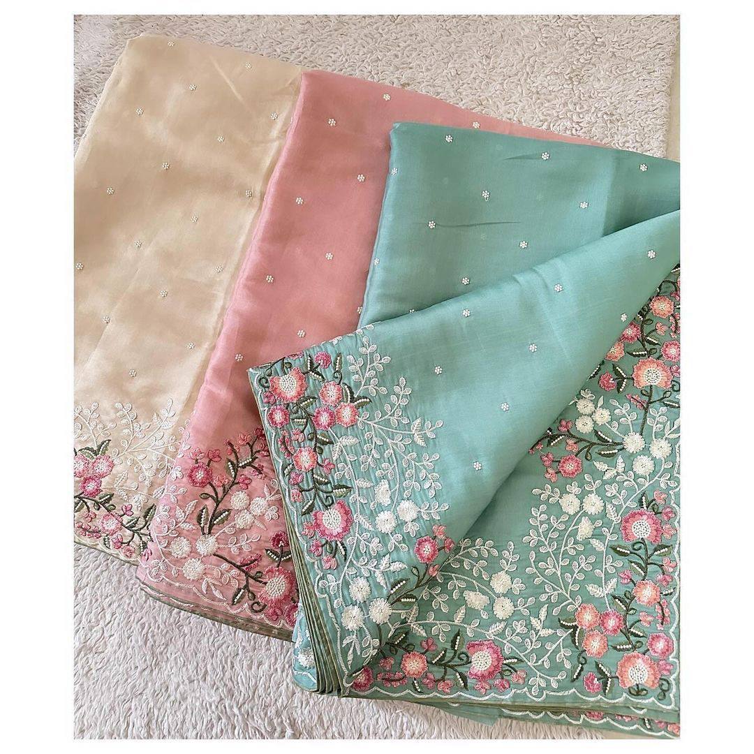 Amazing Roman Silk Fabric Thread Work With Paiping Saree