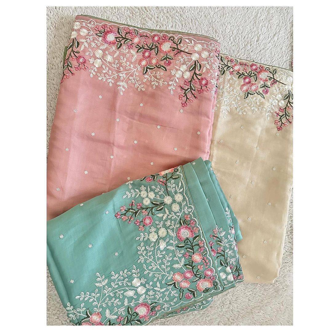 Amazing Roman Silk Fabric Thread Work With Paiping Saree