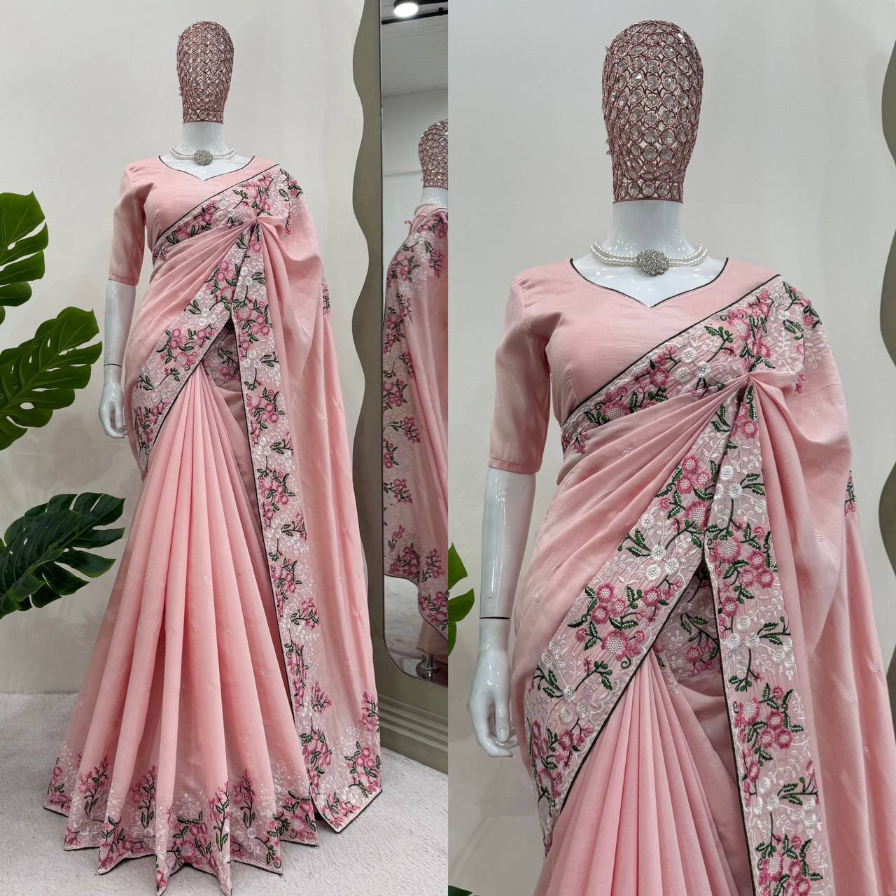 Amazing Roman Silk Fabric Thread Work With Paiping Saree