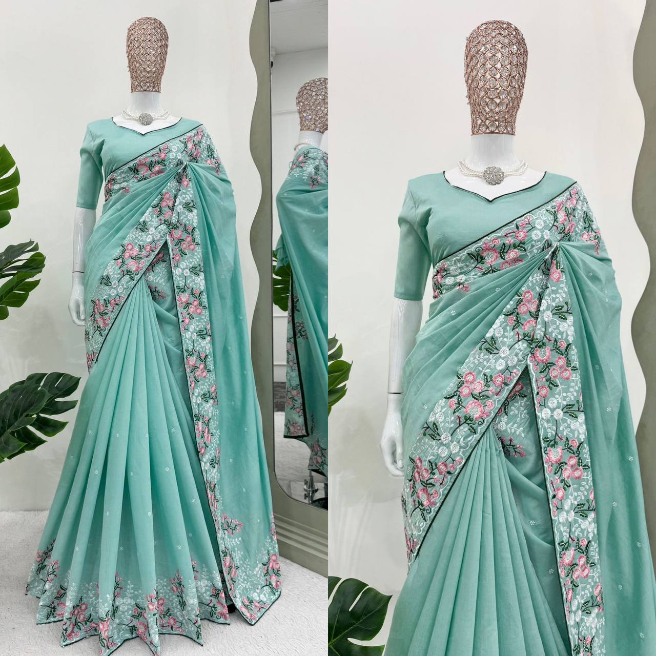 Amazing Roman Silk Fabric Thread Work With Paiping Saree