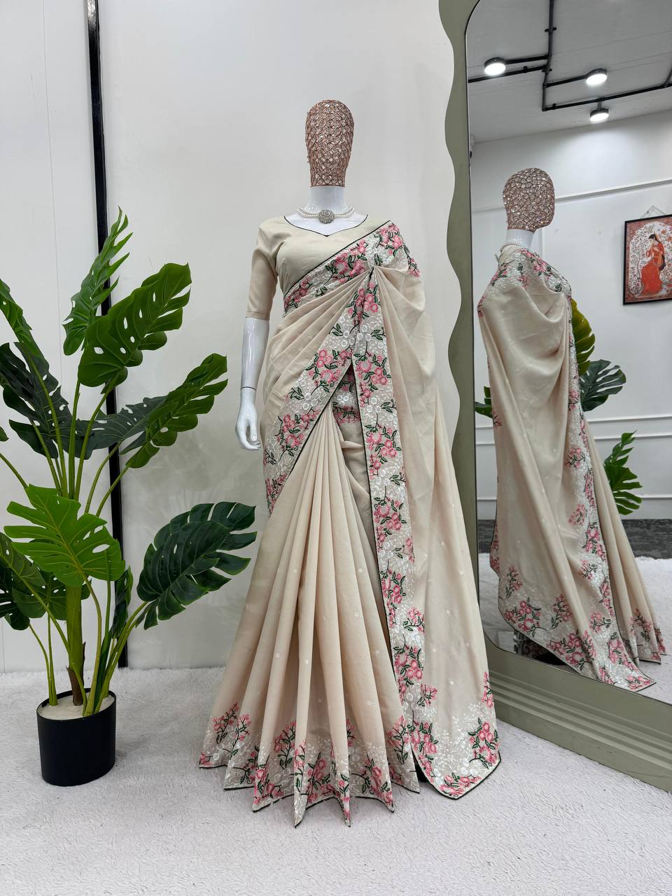 Amazing Roman Silk Fabric Thread Work With Paiping Saree