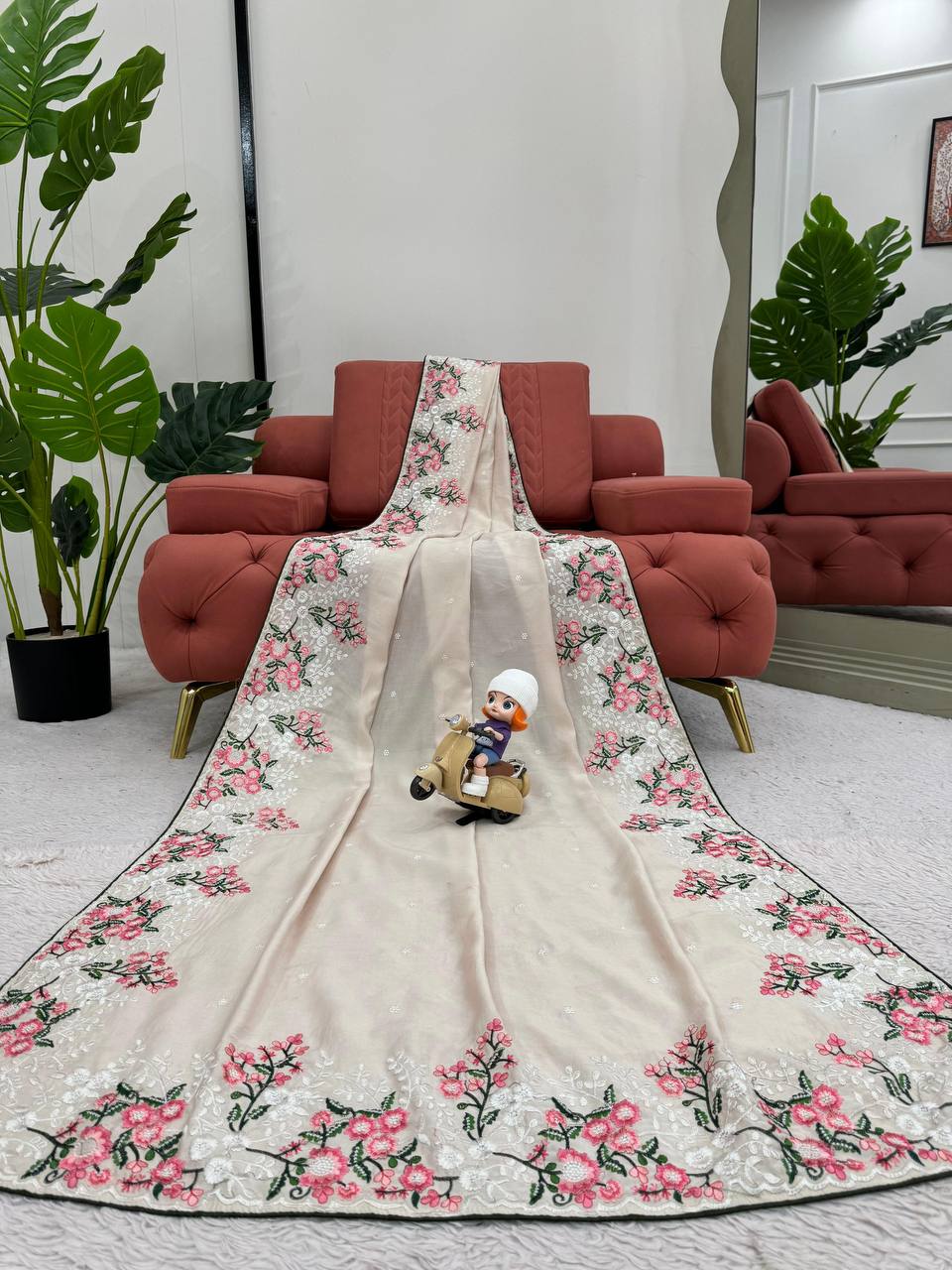 Amazing Roman Silk Fabric Thread Work With Paiping Saree