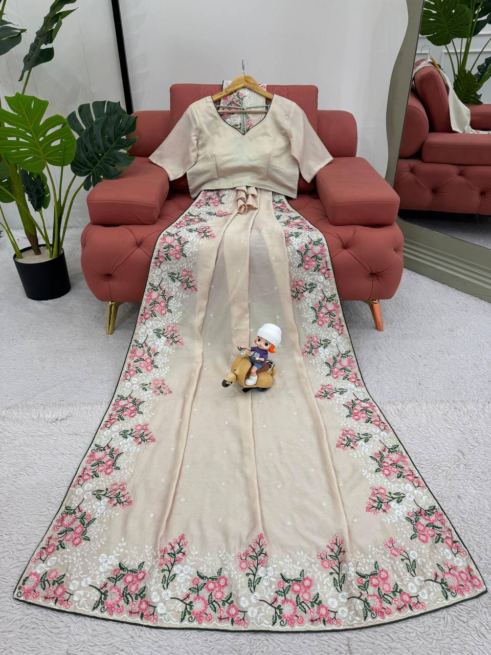 Amazing Roman Silk Fabric Thread Work With Paiping Saree