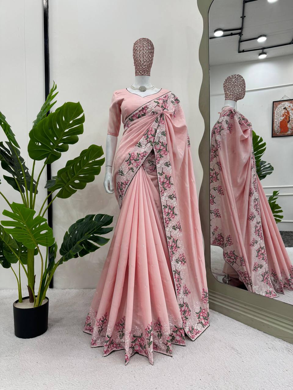 Amazing Roman Silk Fabric Thread Work With Paiping Saree