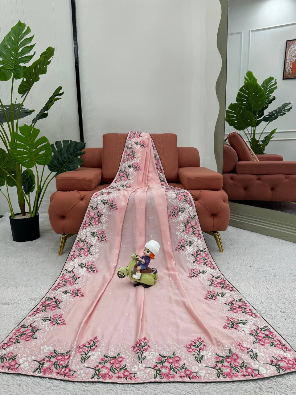 Amazing Roman Silk Fabric Thread Work With Paiping Saree