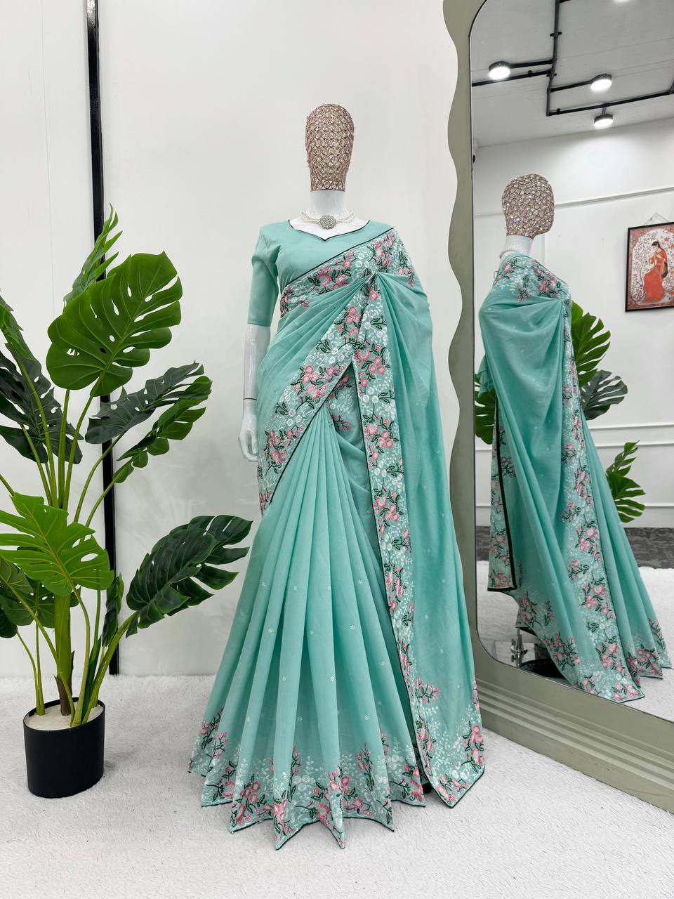 Amazing Roman Silk Fabric Thread Work With Paiping Saree