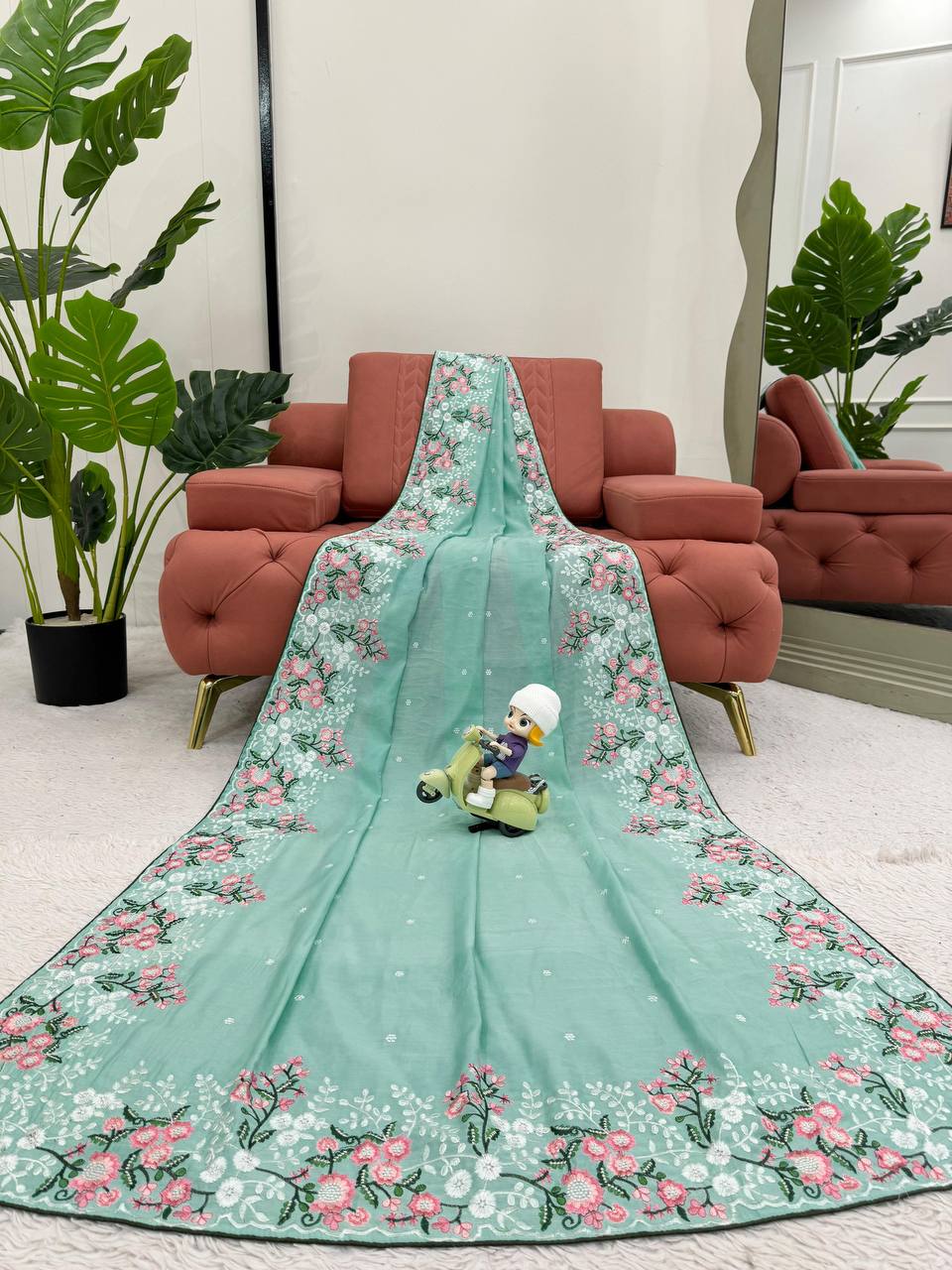 Amazing Roman Silk Fabric Thread Work With Paiping Saree