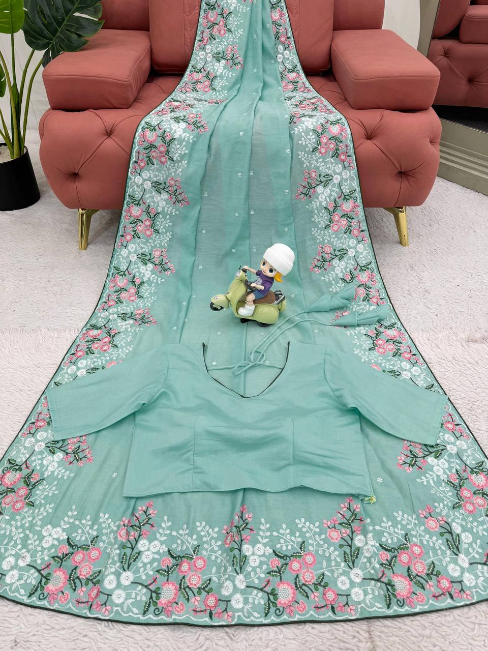 Amazing Roman Silk Fabric Thread Work With Paiping Saree