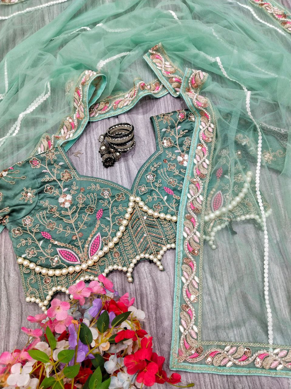 Sky Color Soft Net Saree With Heavy Pearl Work Blouse