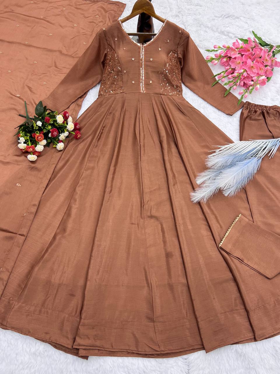 Choco Brown Party Wear Anarkali Gown In Embroidery Work For Women