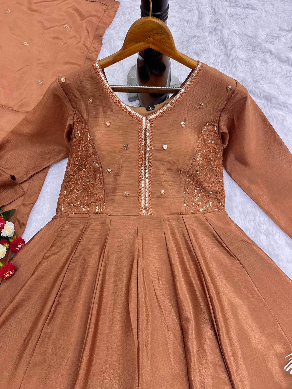 Choco Brown Party Wear Anarkali Gown In Embroidery Work For Women