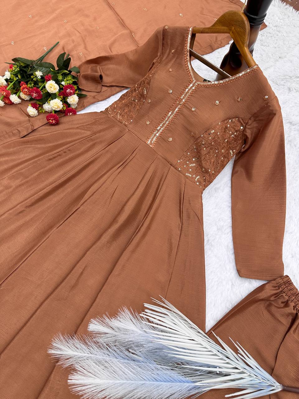 Choco Brown Party Wear Anarkali Gown In Embroidery Work For Women