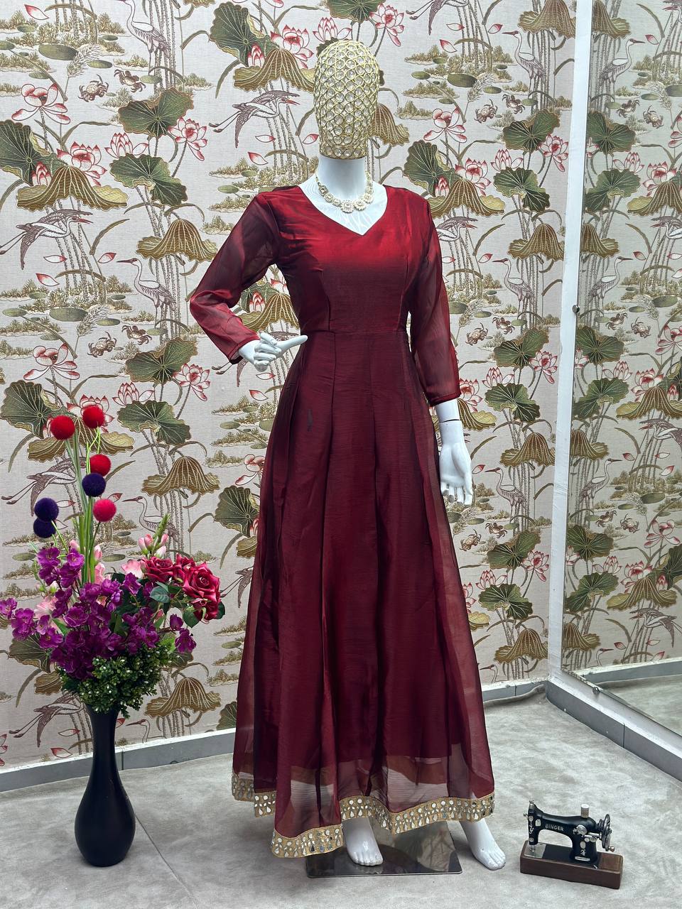 Designer Barbari Silk Fabric Gown Embroidery Sequence Design With Gota Satin Zalar Lace Border Dupatta