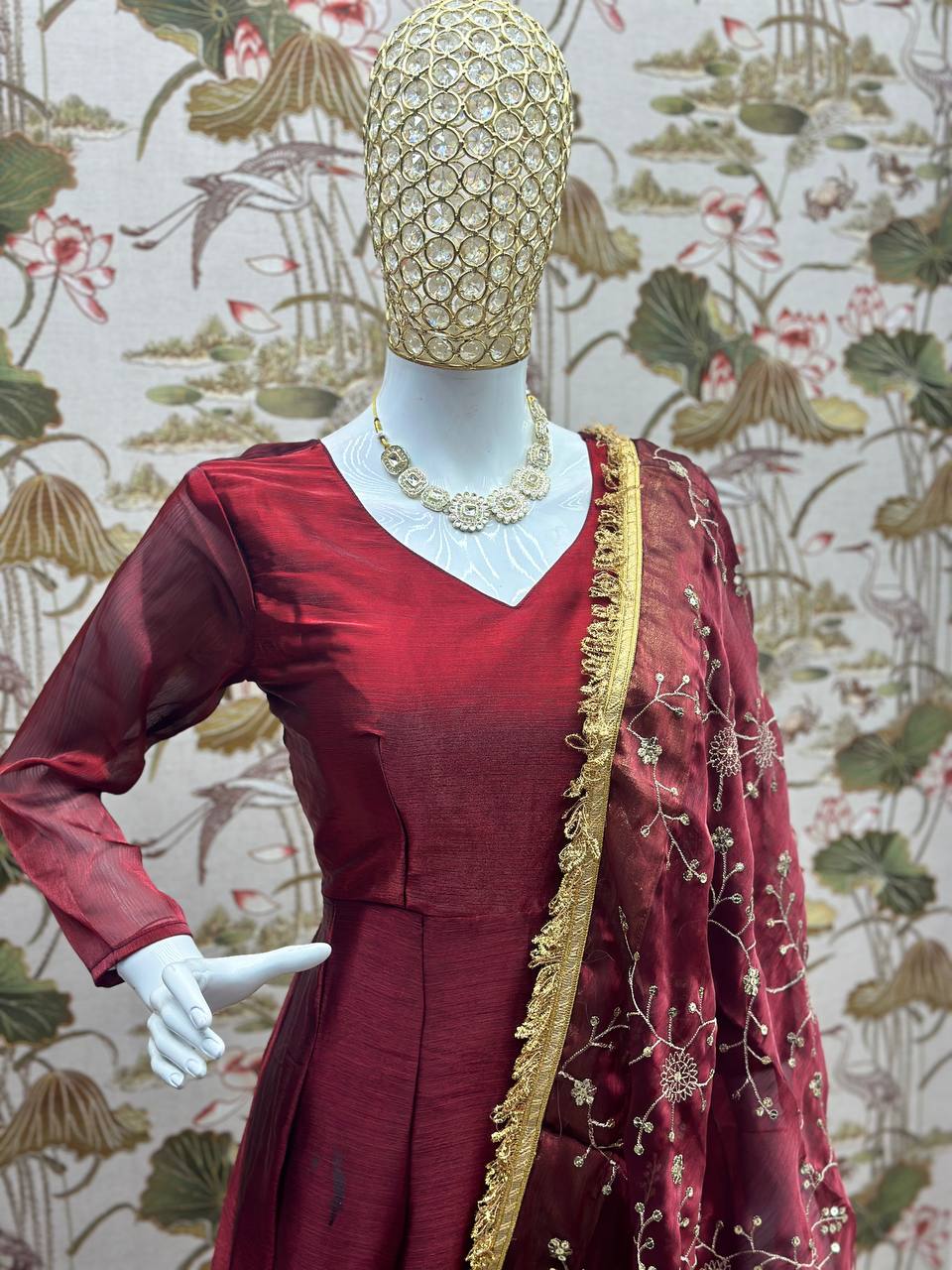 Designer Barbari Silk Fabric Gown Embroidery Sequence Design With Gota Satin Zalar Lace Border Dupatta