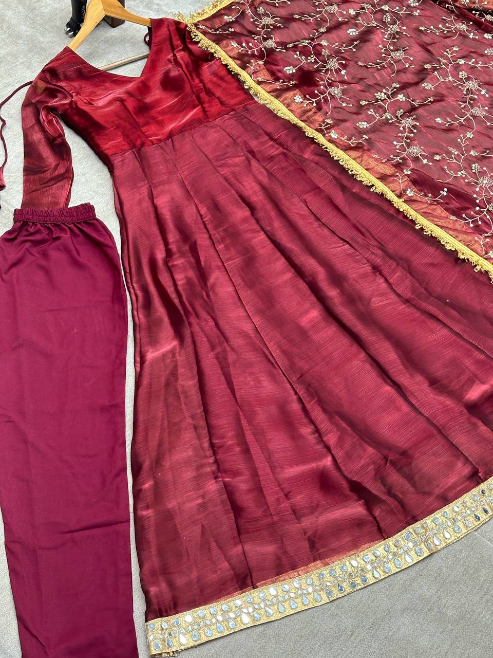 Designer Barbari Silk Fabric Gown Embroidery Sequence Design With Gota Satin Zalar Lace Border Dupatta
