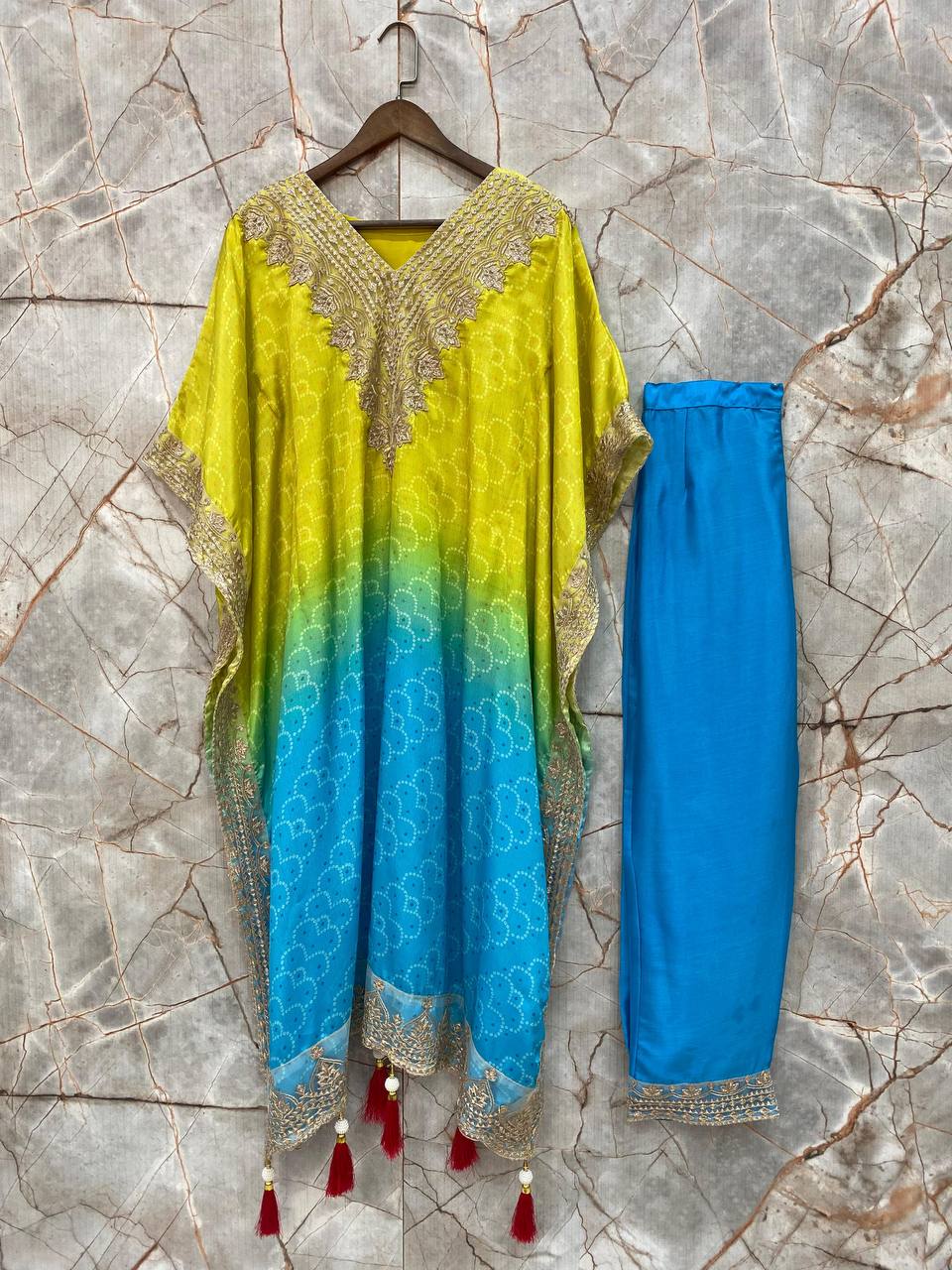 Yellow Color Pure Chinon With Embroidery Work Ready To Wear Kaftan Suit