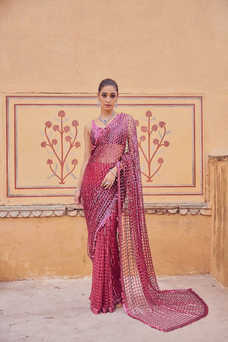 Party Wear Soft Net Sequence Work Pink Color Saree