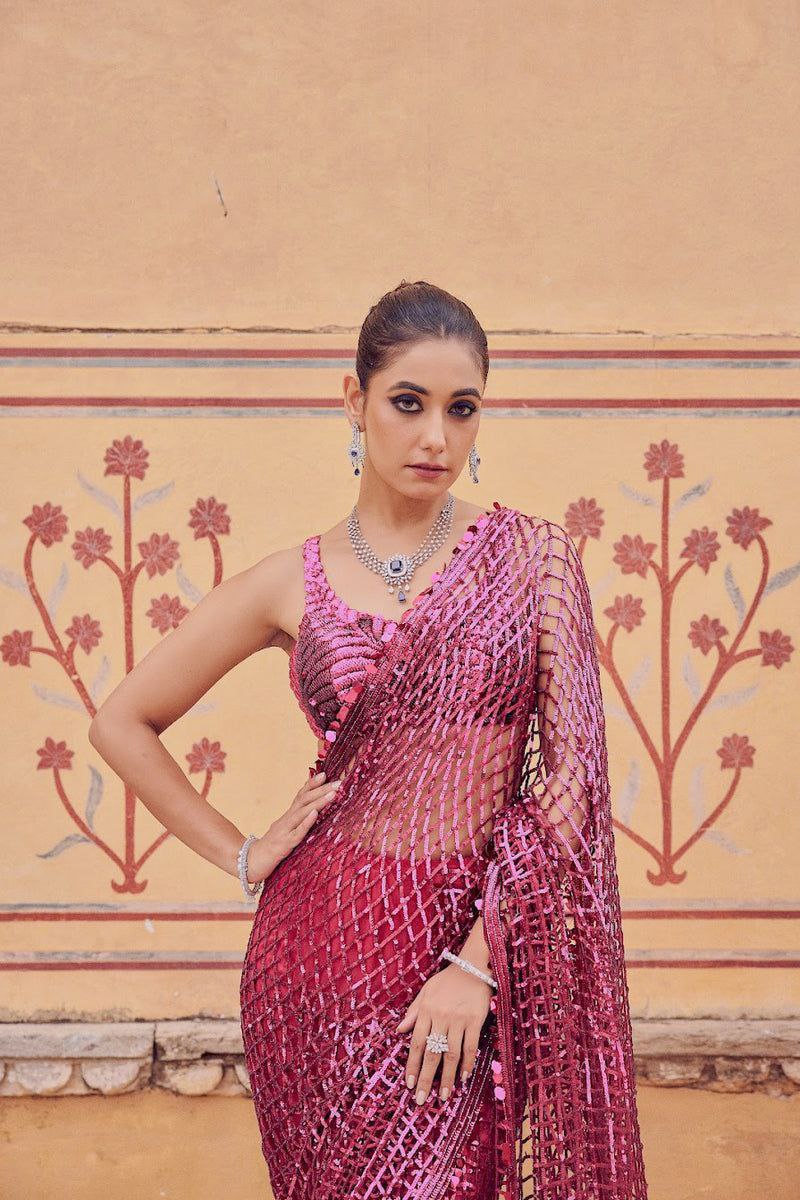 Party Wear Soft Net Sequence Work Pink Color Saree