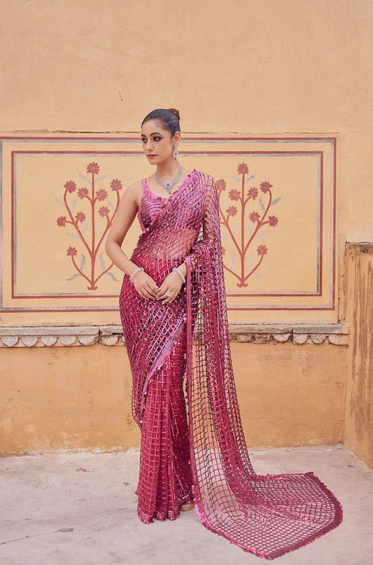 Party Wear Soft Net Sequence Work Pink Color Saree