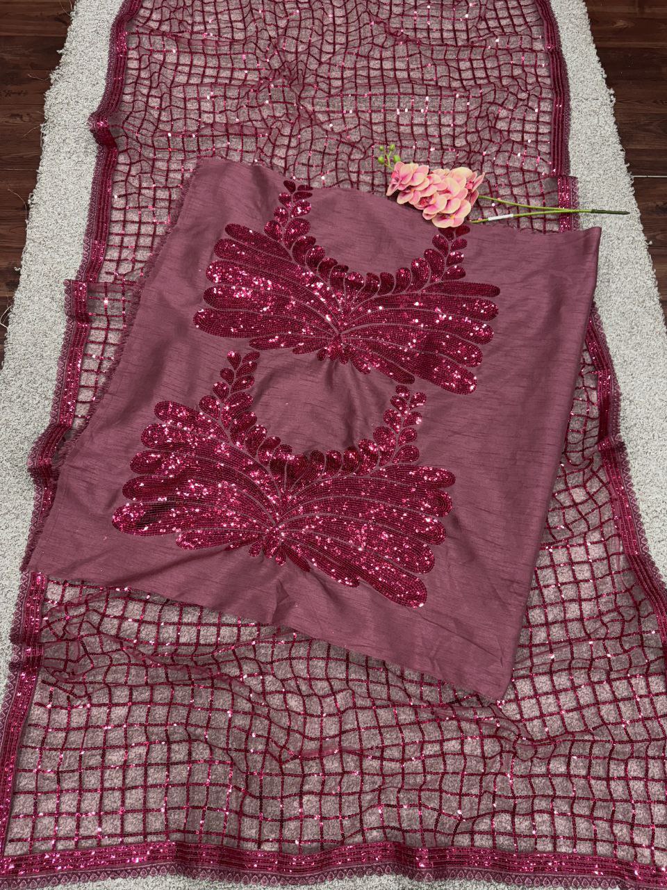 Party Wear Soft Net Sequence Work Pink Color Saree