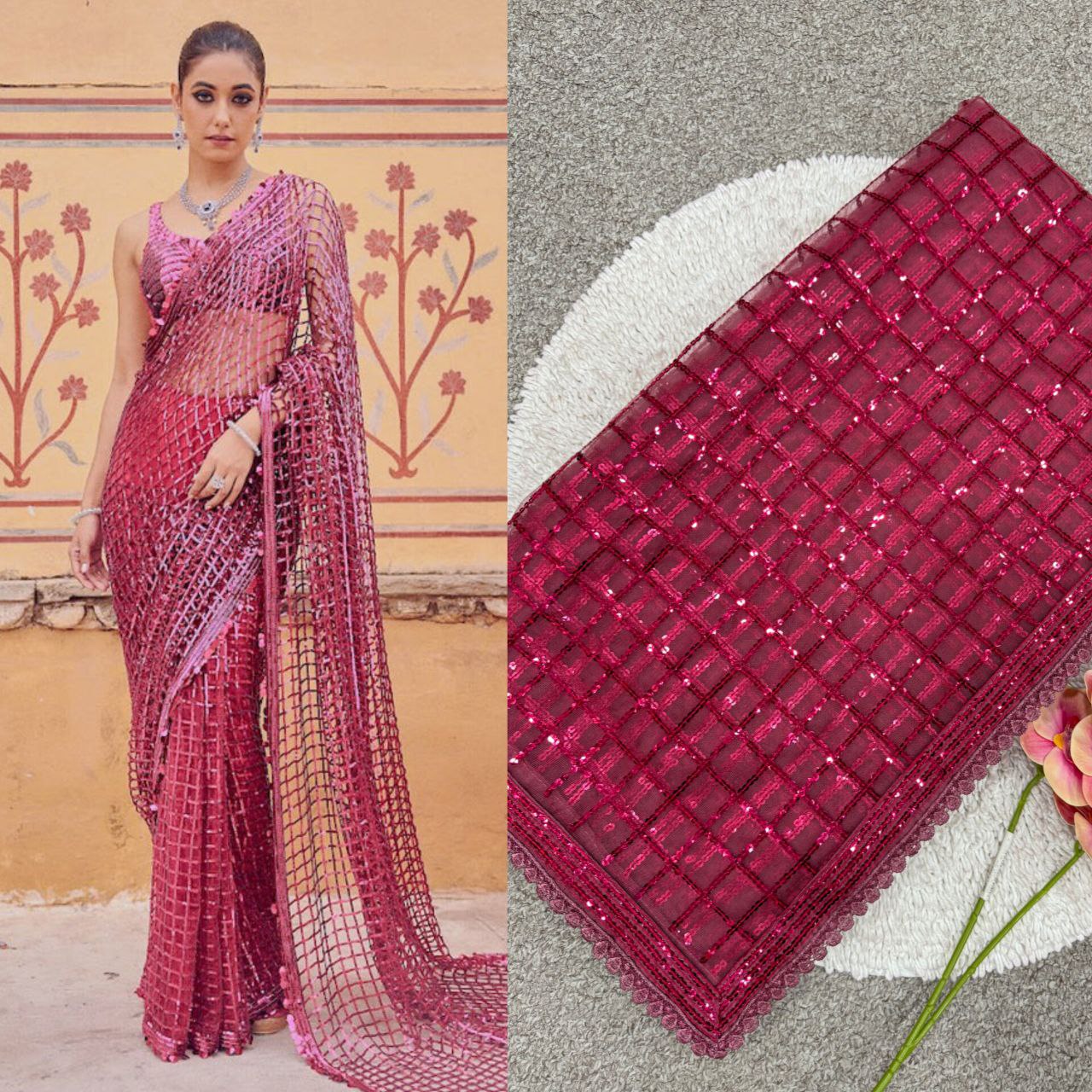 Party Wear Soft Net Sequence Work Pink Color Saree